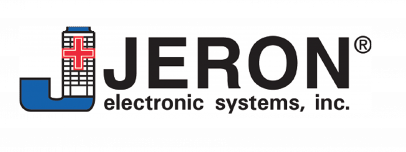 Jeron Electronic Systems, Inc. logo featuring a stylized blue 'J' with a red medical cross and building grid, accompanied by bold black text