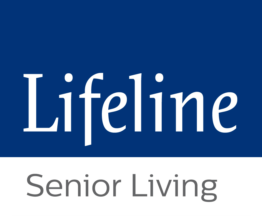 Lifeline Senior Living logo with white text on a blue background above a gray 'Senior Living' label on white