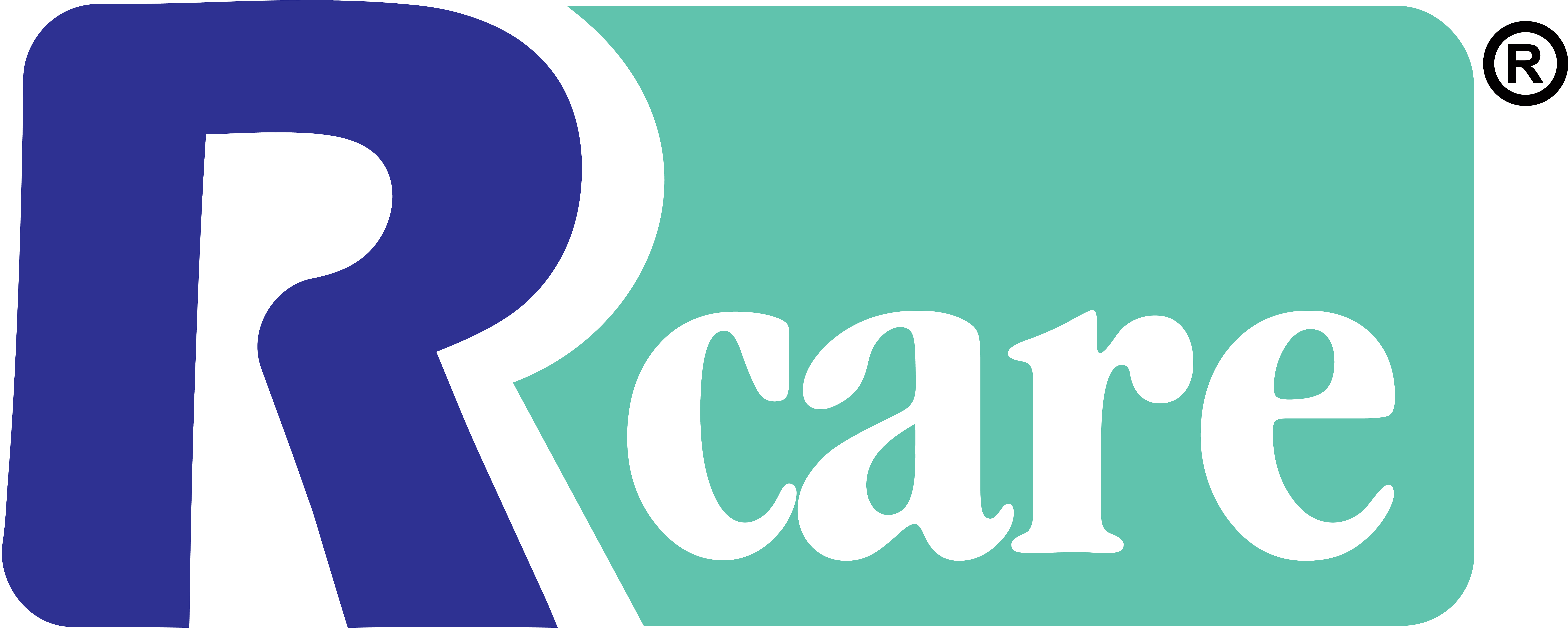RCare logo featuring a large stylized 'R' in blue and the word 'care' in white on a teal background